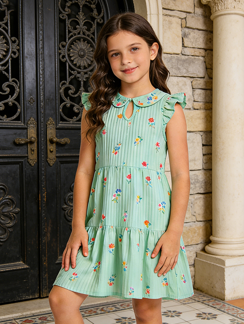 Floral Print Ruffled Girls Holiday Dress