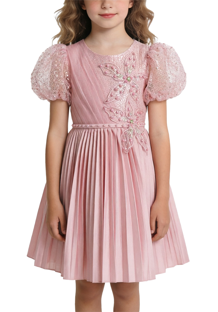 lace-puff-sleeve-pleated-princess-dress